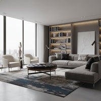 Elegant space featuring black leather ottoman and bookshelves.