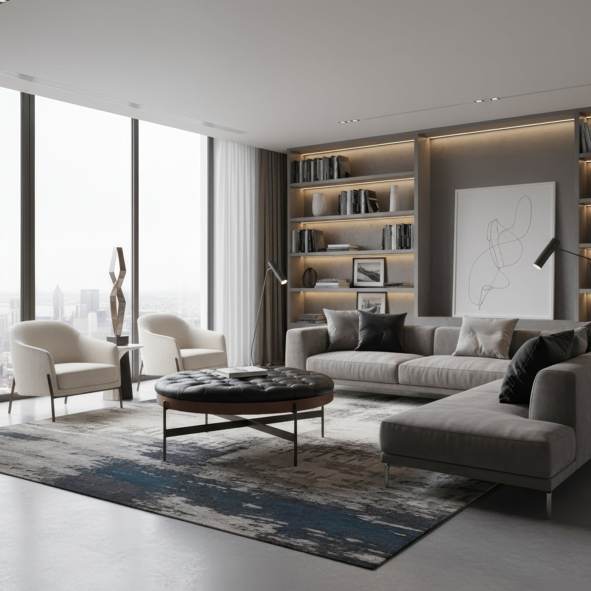 Elegant space featuring black leather ottoman and bookshelves.