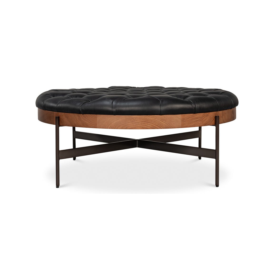 Black leather ottoman showcasing side and leg design.