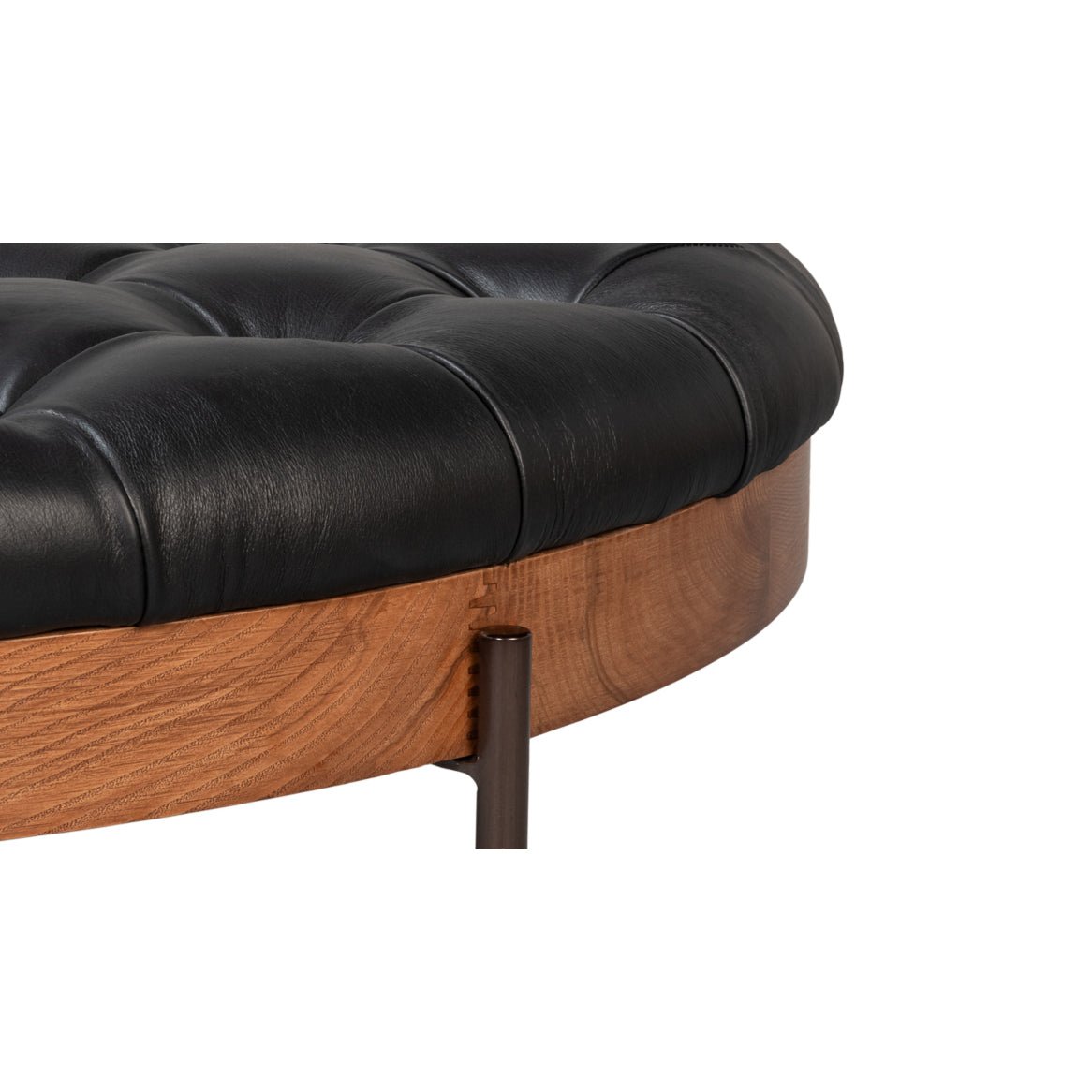 Close-up of side leather and wood craftsmanship.