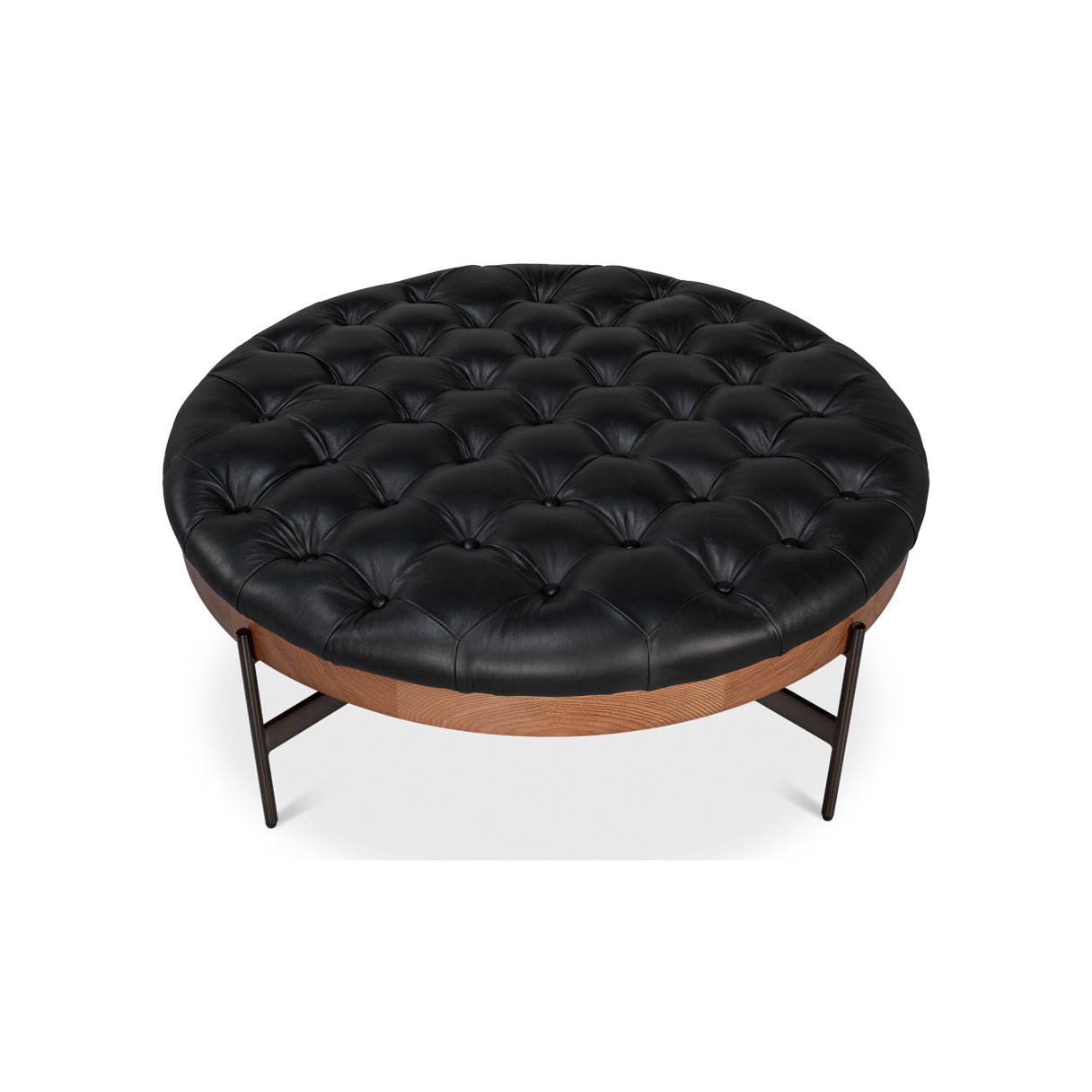 Top view of black leather cocktail ottoman.