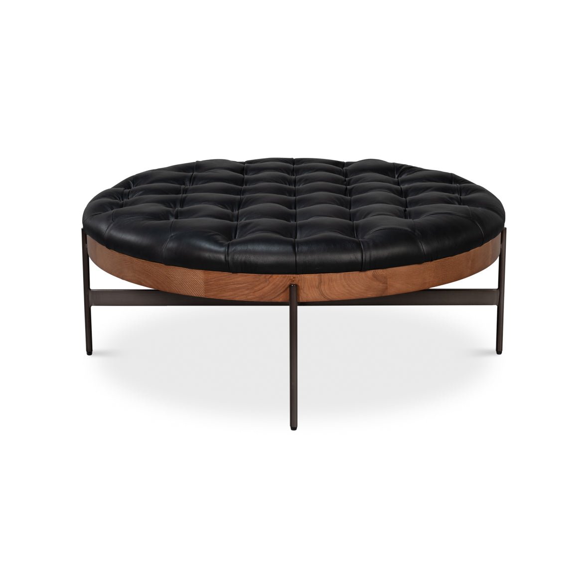 Round black leather cocktail ottoman front view.