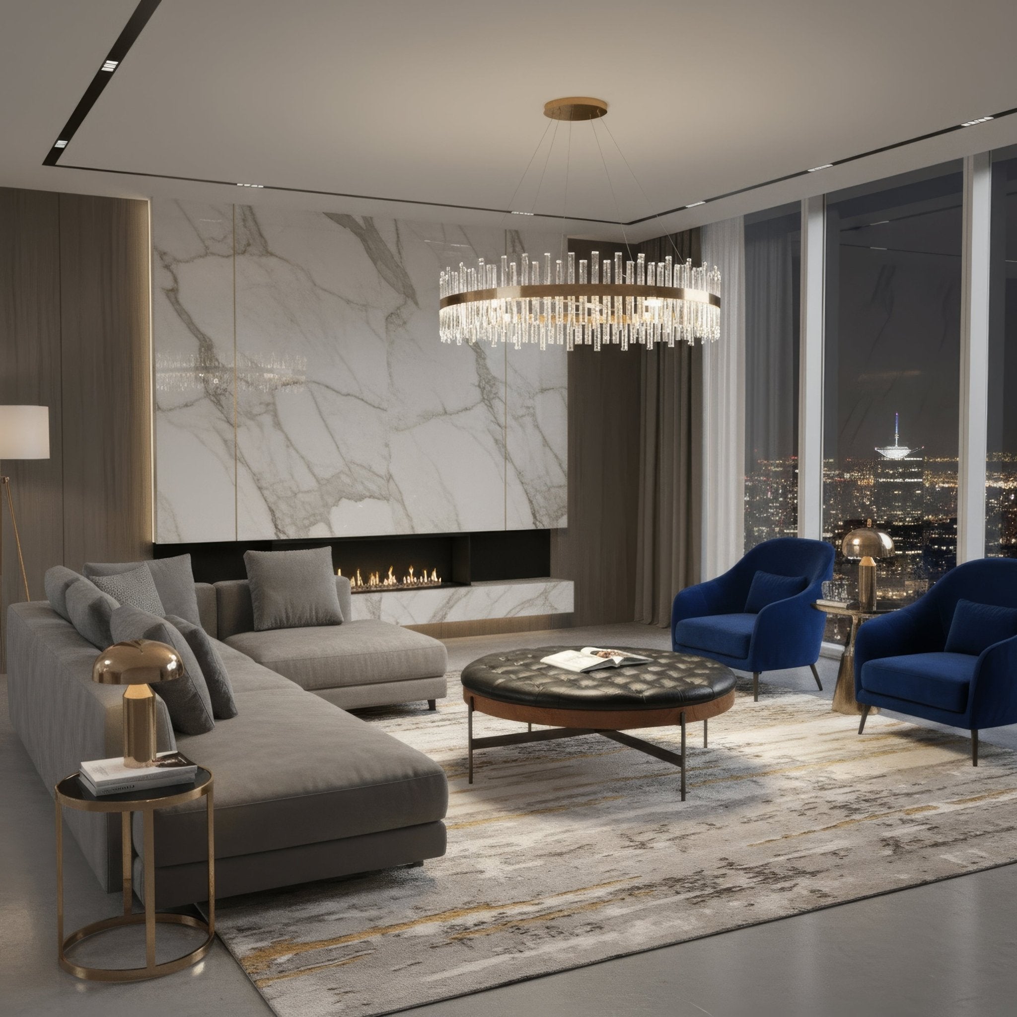 Modern living room with black leather cocktail ottoman.
