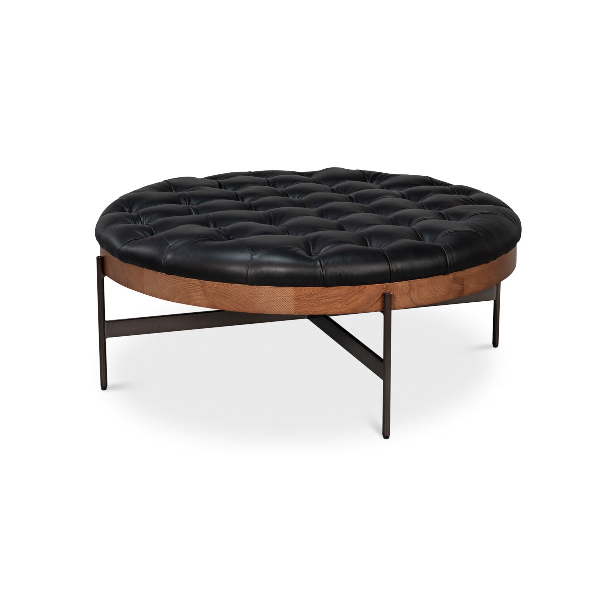 Round ottoman side view showing leather and wood details.