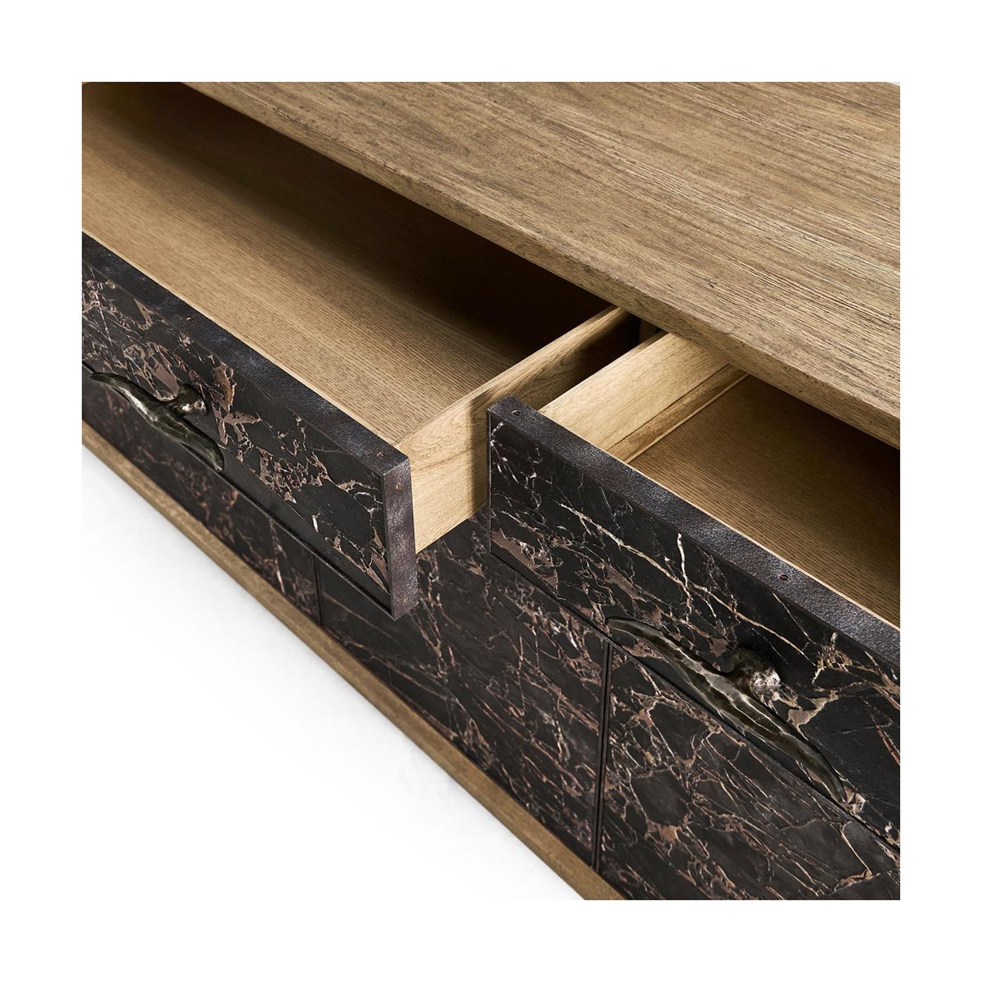 Open sideboard drawers revealing wood interior.