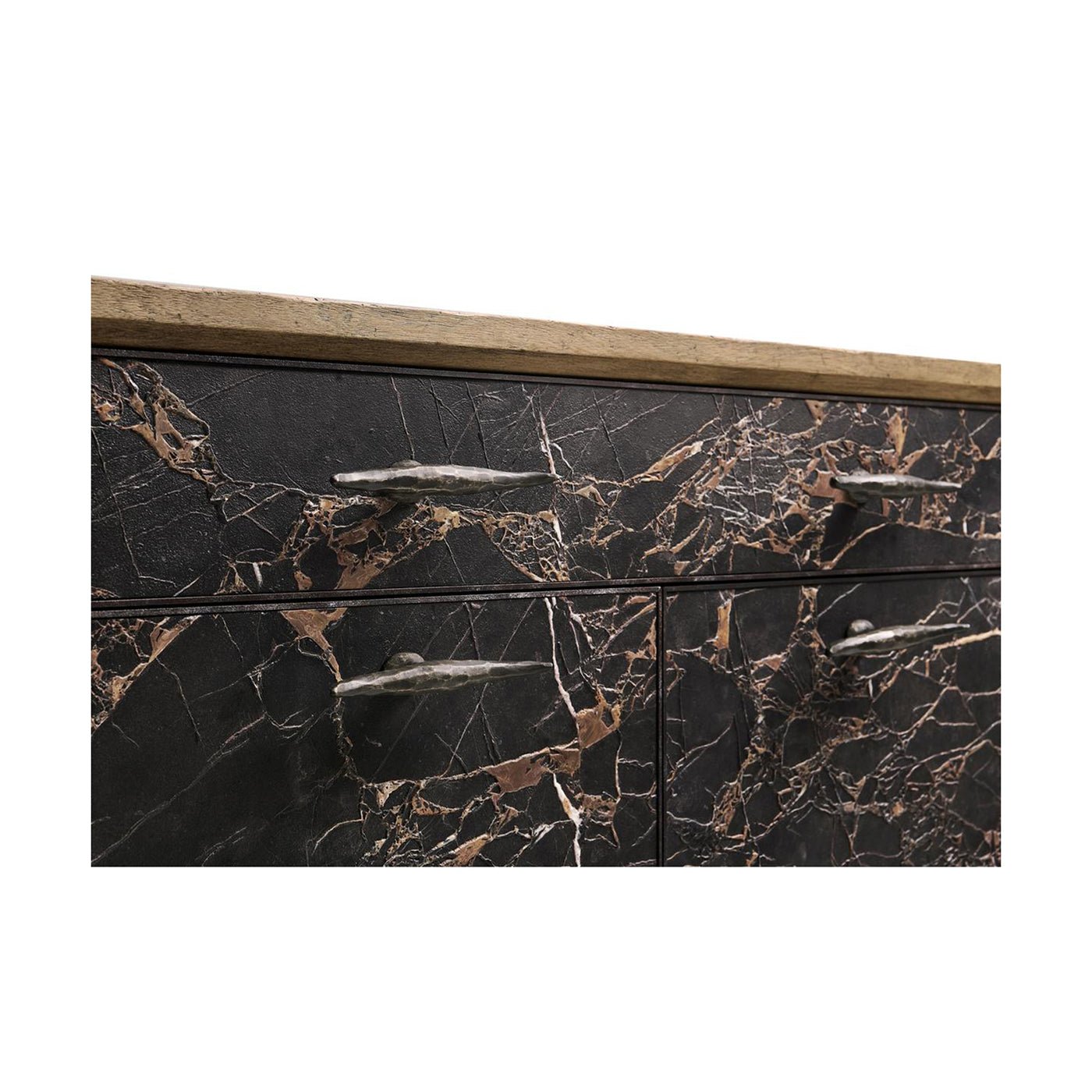 Sideboard handles and marble detail close-up.