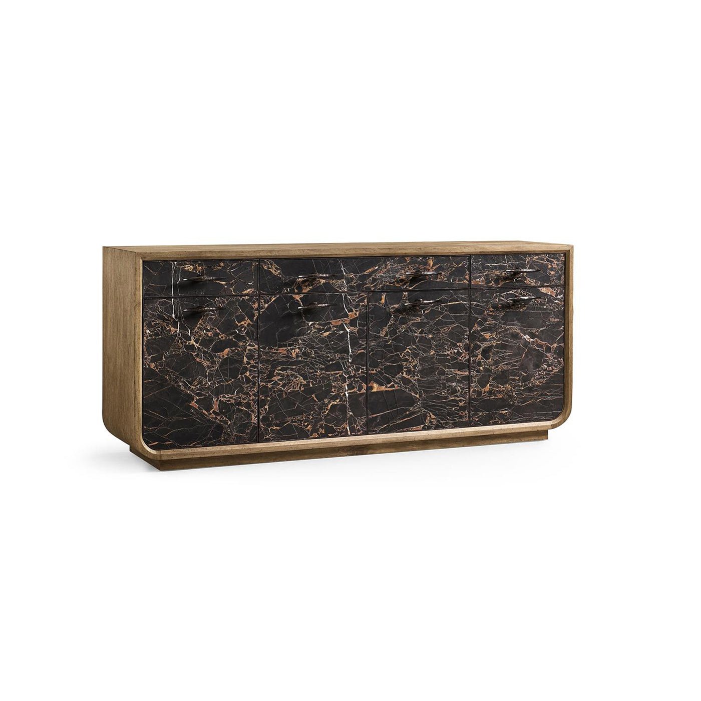 Angled view of black marble wood sideboard.