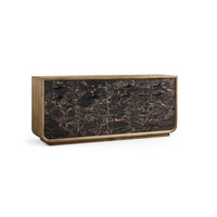 Angled view of black marble wood sideboard.