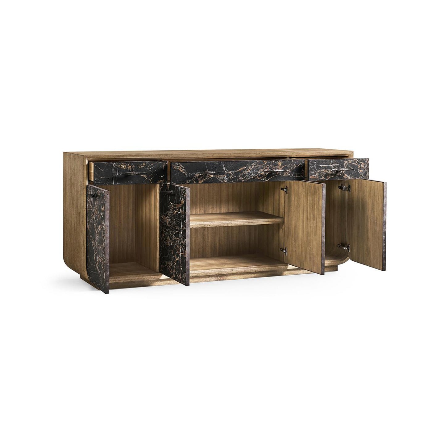 Open sideboard showing interior shelves and drawers.