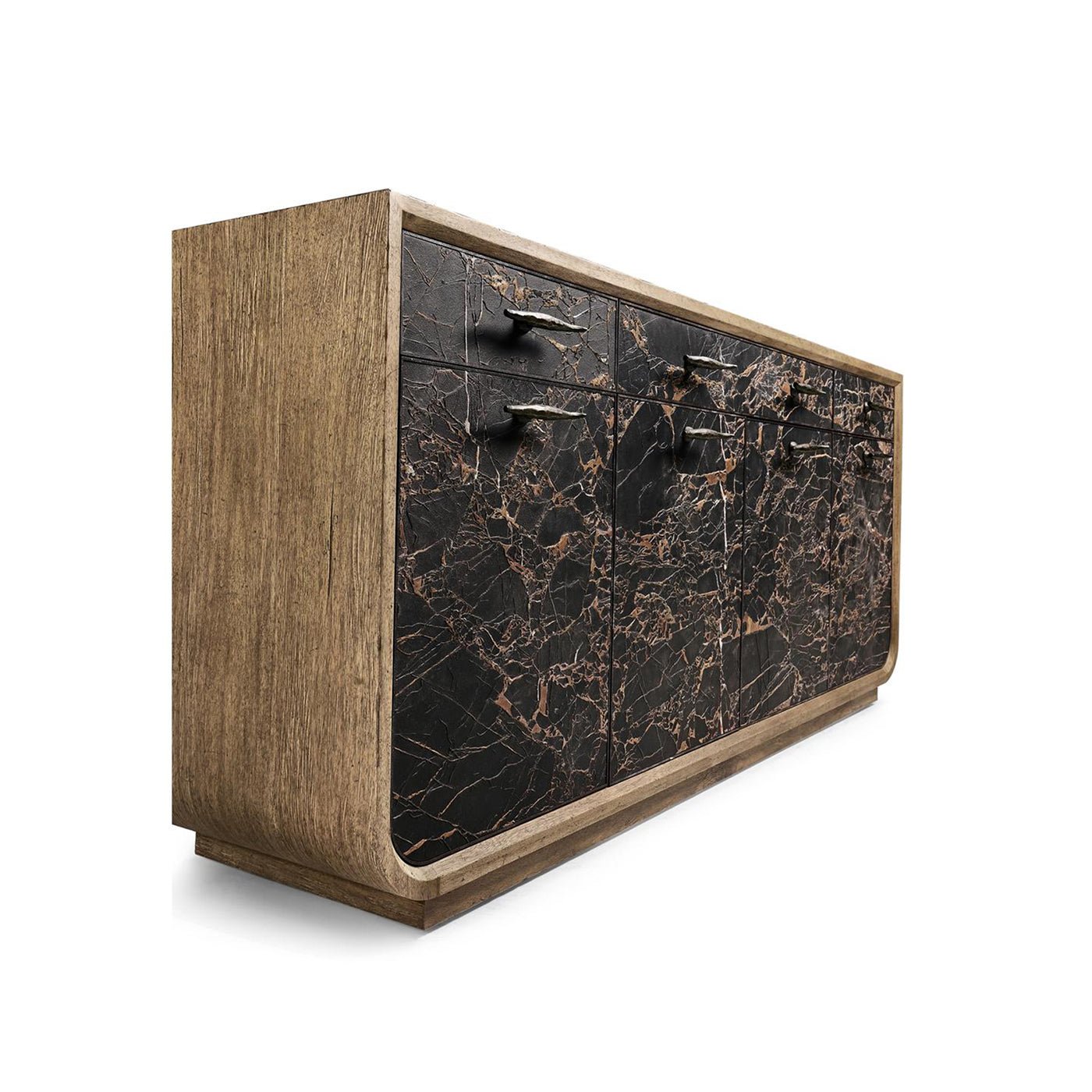 Angled low-angle view of black marble sideboard.