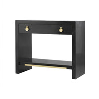 Black nightstand with gold accents, isolated view.