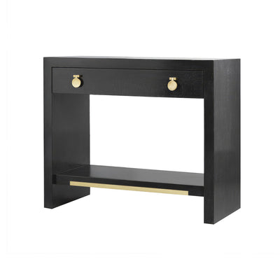 Black nightstand with gold accents, isolated view.