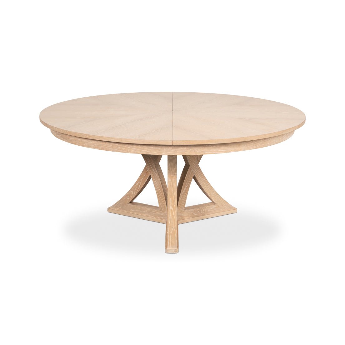 Round dining table in closed position, side angle.