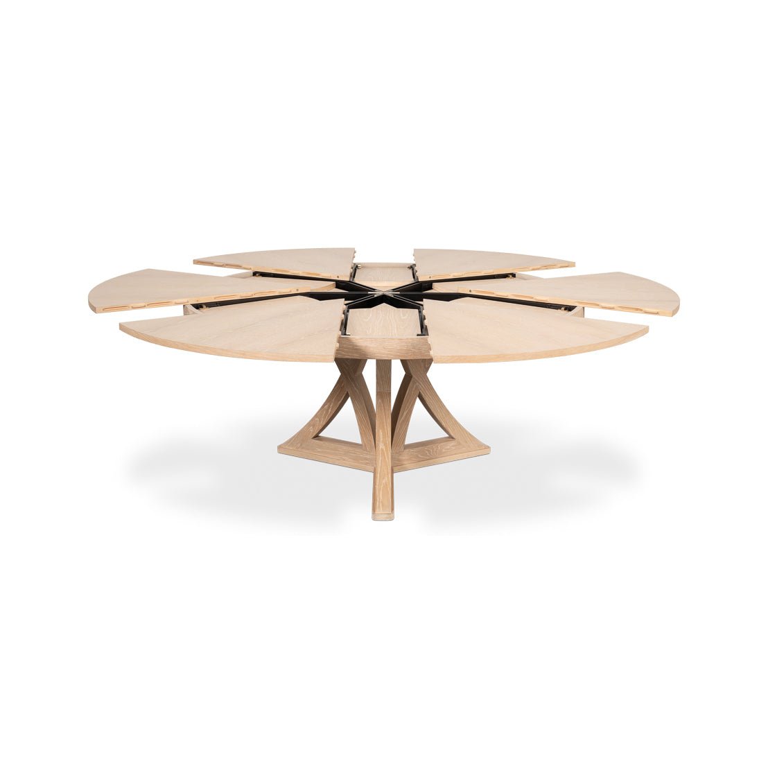Half extended bleached oak jupe dining table top view.