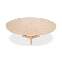 Fully extended bleached oak jupe dining table top view.