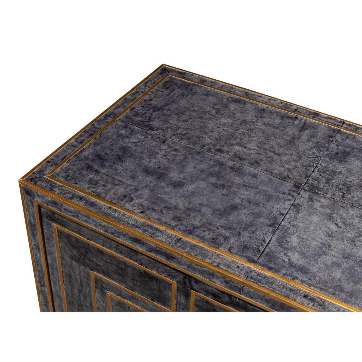 Close-up of cabinet top surface, blue leather texture.