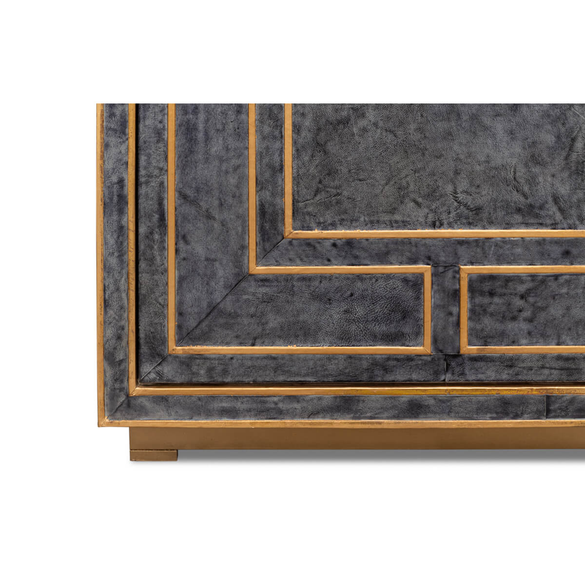 Base and corner view, modern blue leather cabinet detail.