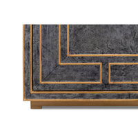 Base and corner view, modern blue leather cabinet detail.