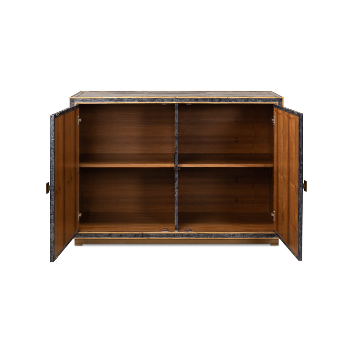 Inside of modern cabinet with open doors, wooden shelves.