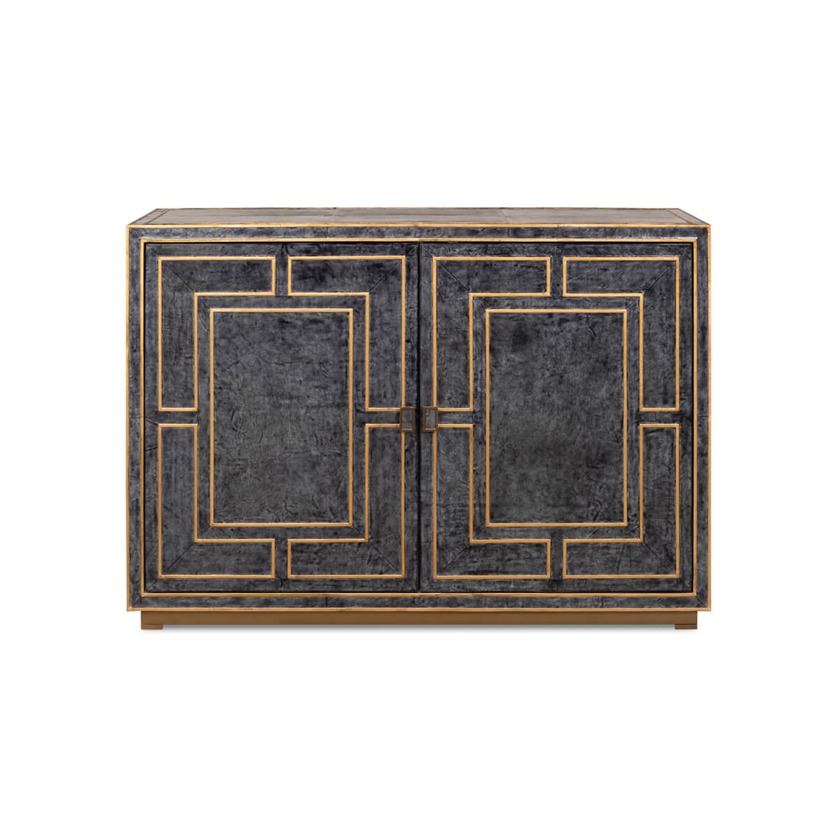 Front view of modern blue leather cabinet, geometric design.