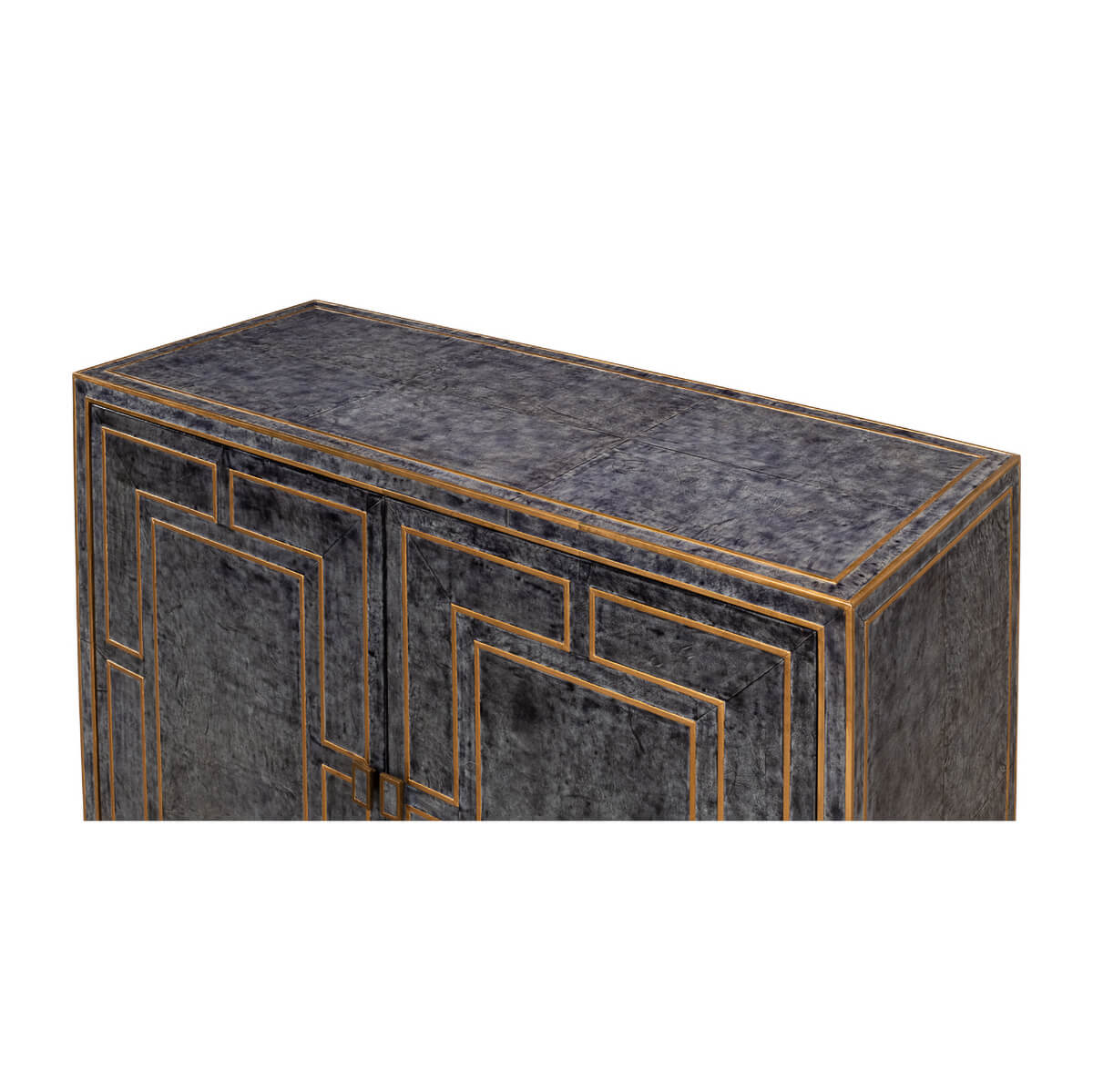 Top and front detail of modern blue leather cabinet.