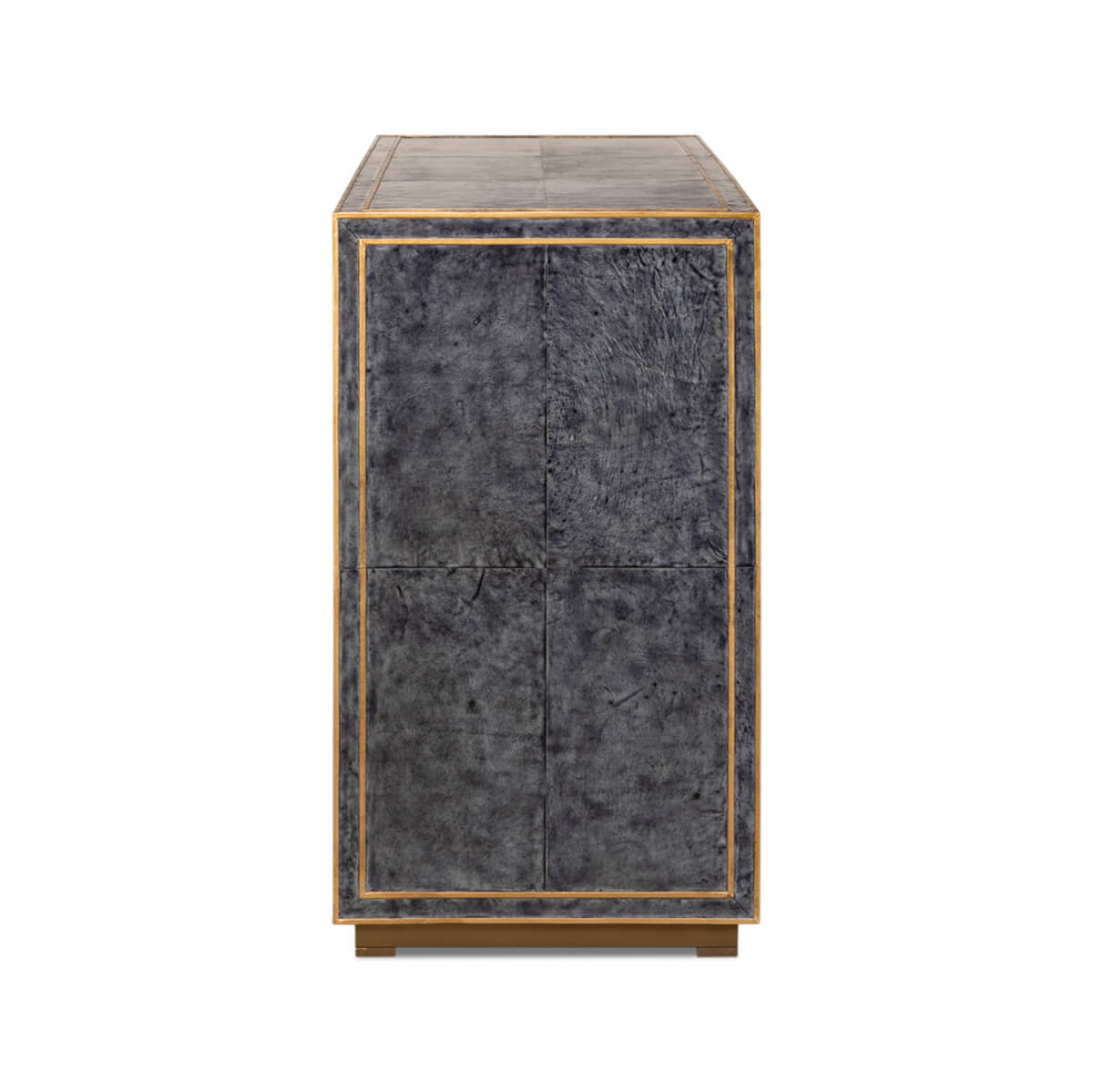 Side profile of modern blue leather cabinet.