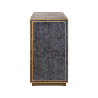 Side profile of modern blue leather cabinet.
