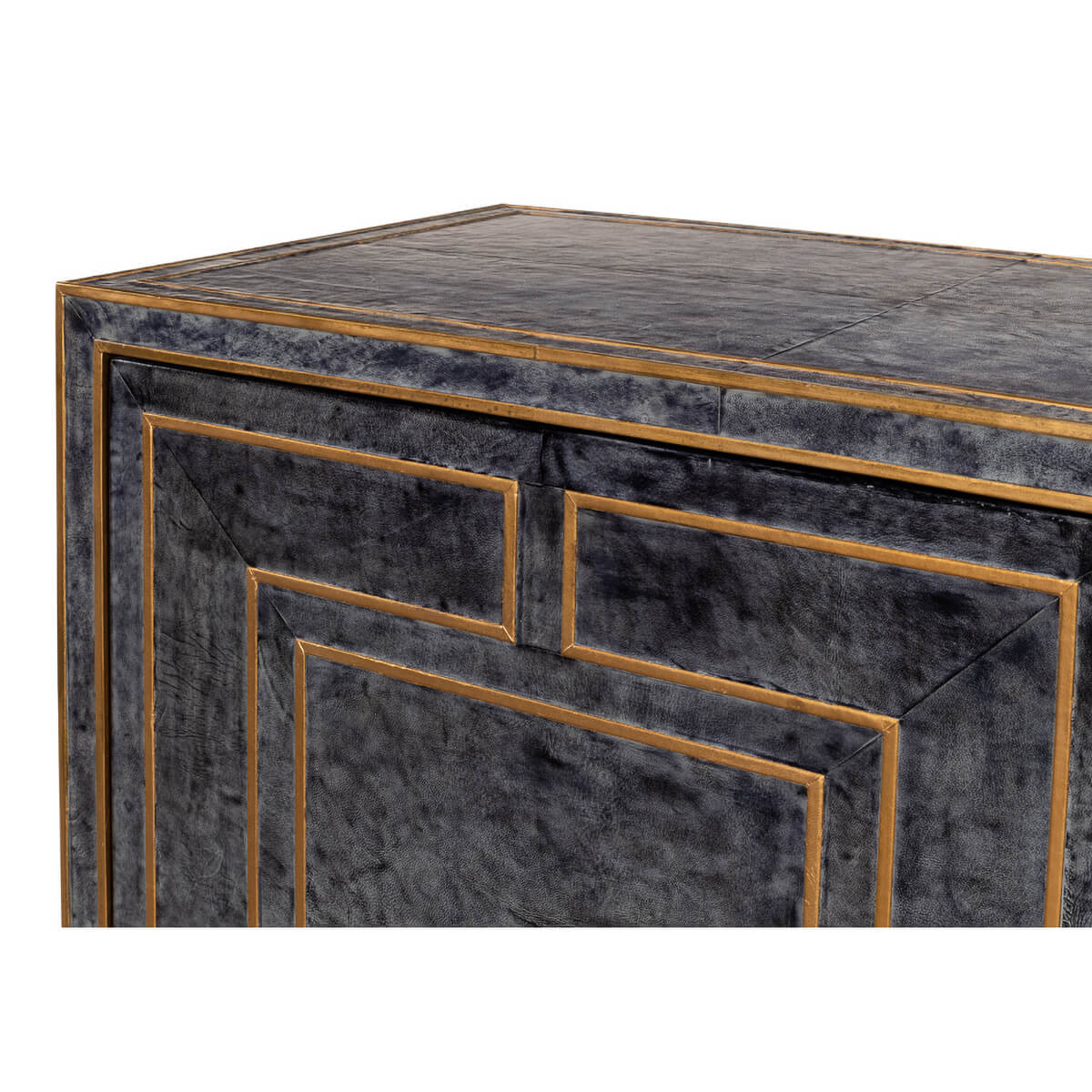 Corner detail of modern cabinet, geometric pattern visible.