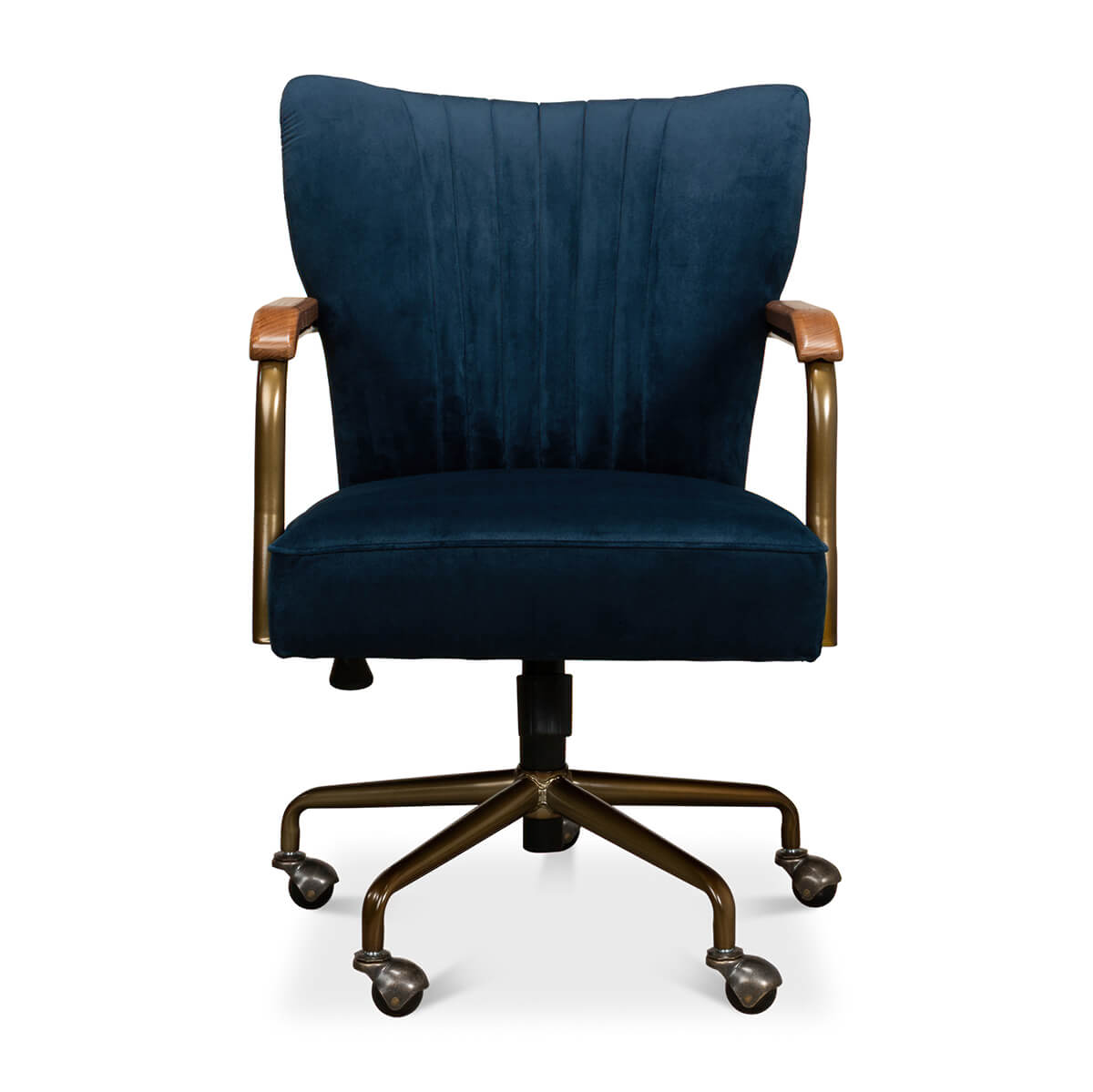 Blue velvet desk chair, straight-on view showing seat details.