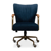 Blue velvet desk chair, straight-on view showing seat details.