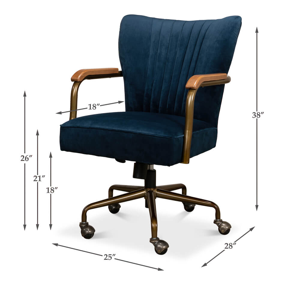 Blue velvet desk chair with dimensions, front and side view.