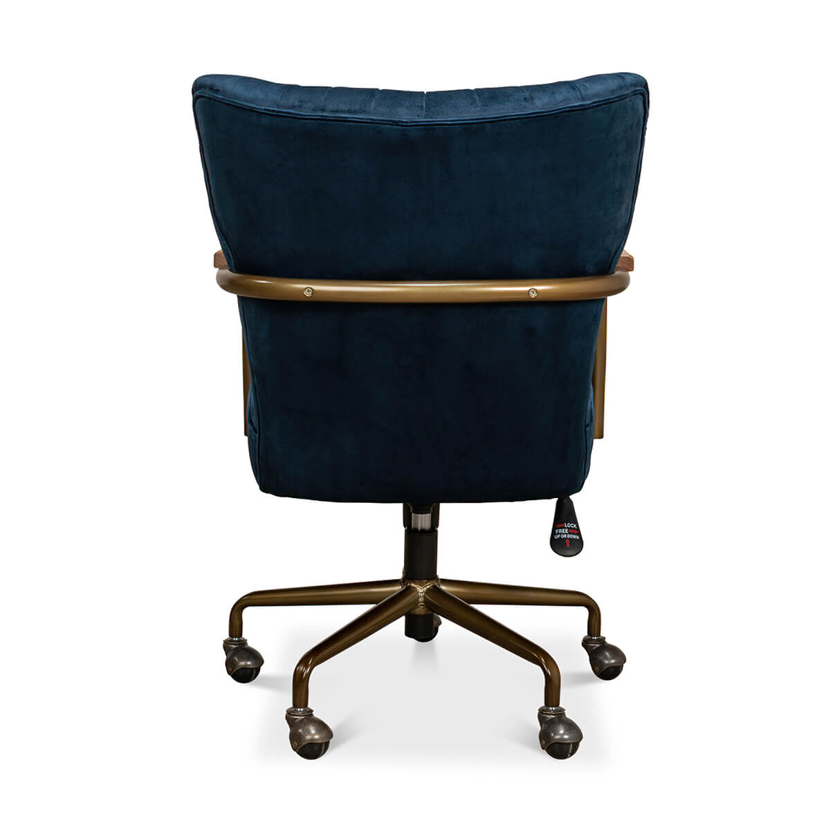 Blue velvet desk chair, back view showcasing backrest design.