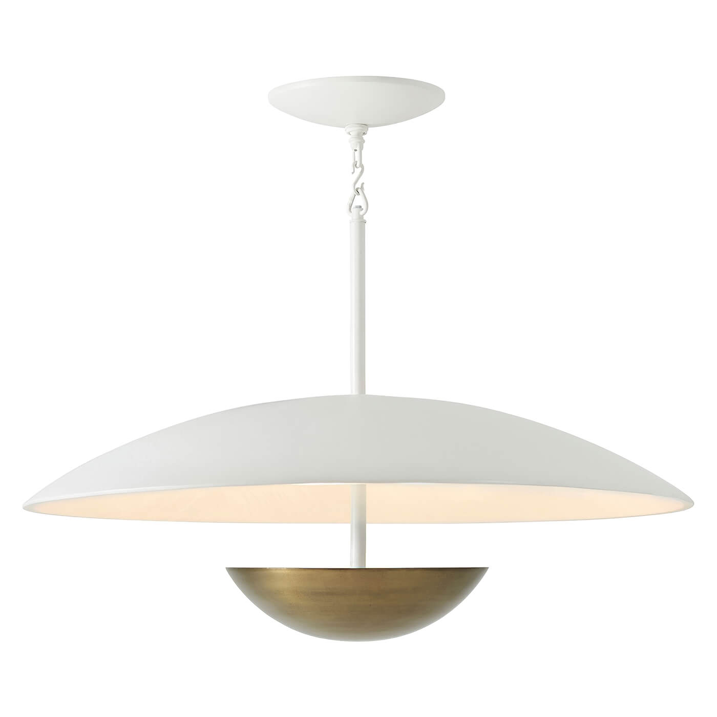 Modern Bowl Chandelier, side view displaying white and brass design.