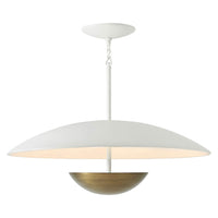 Modern Bowl Chandelier, side view displaying white and brass design.