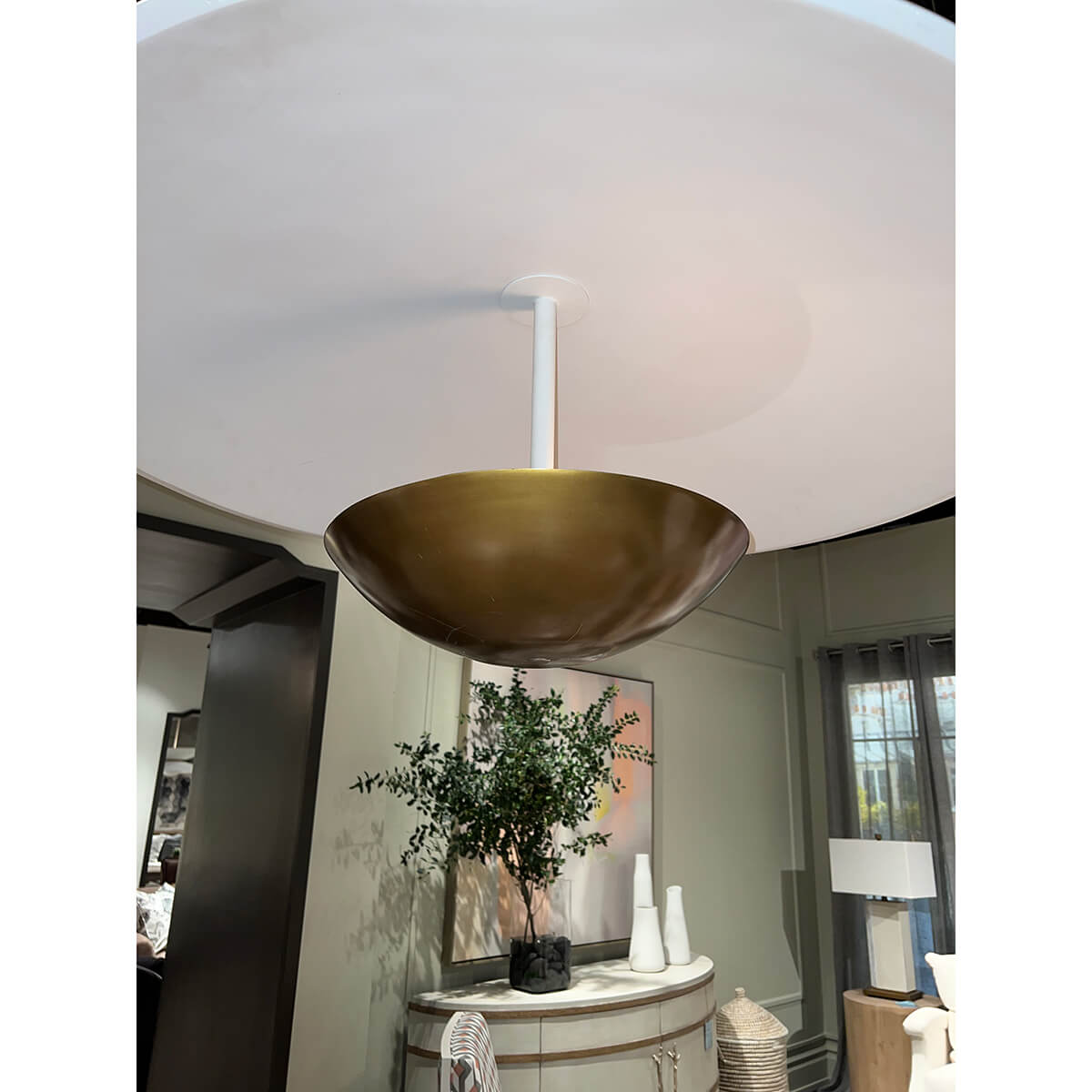 Modern Bowl Chandelier, underside view showing brass detail.
