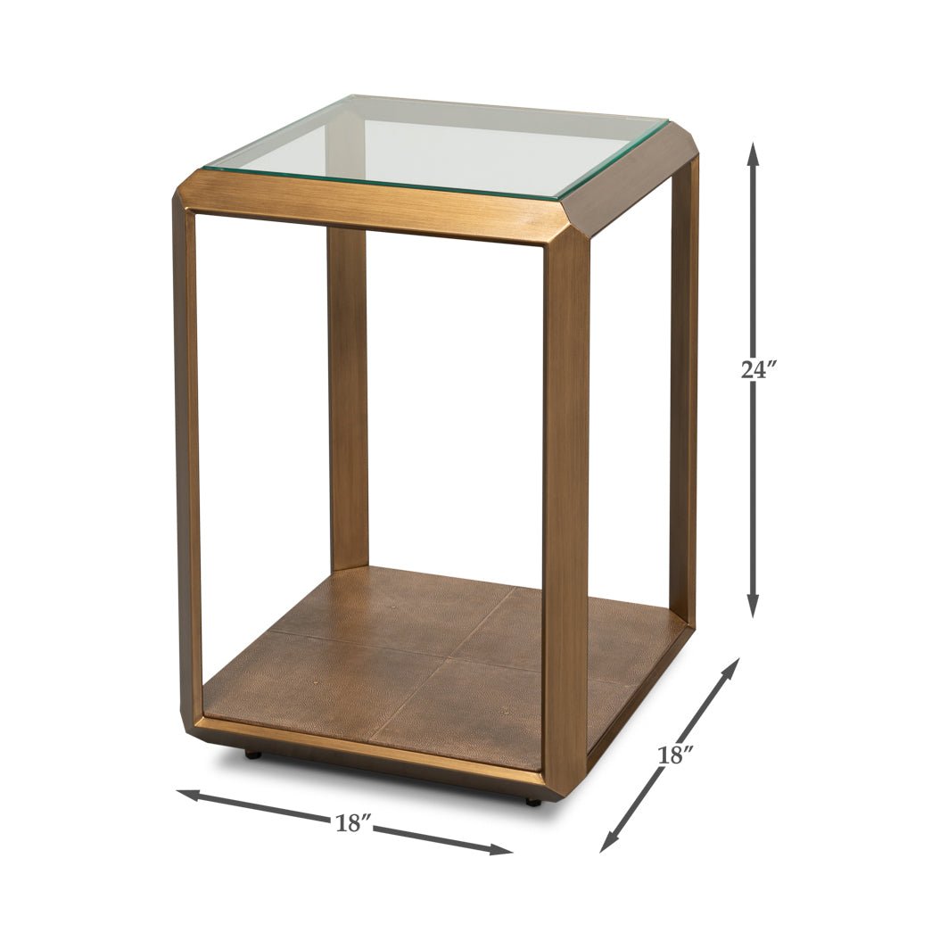 Brass accent table with dimensions illustration.
