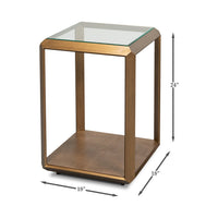 Brass accent table with dimensions illustration.