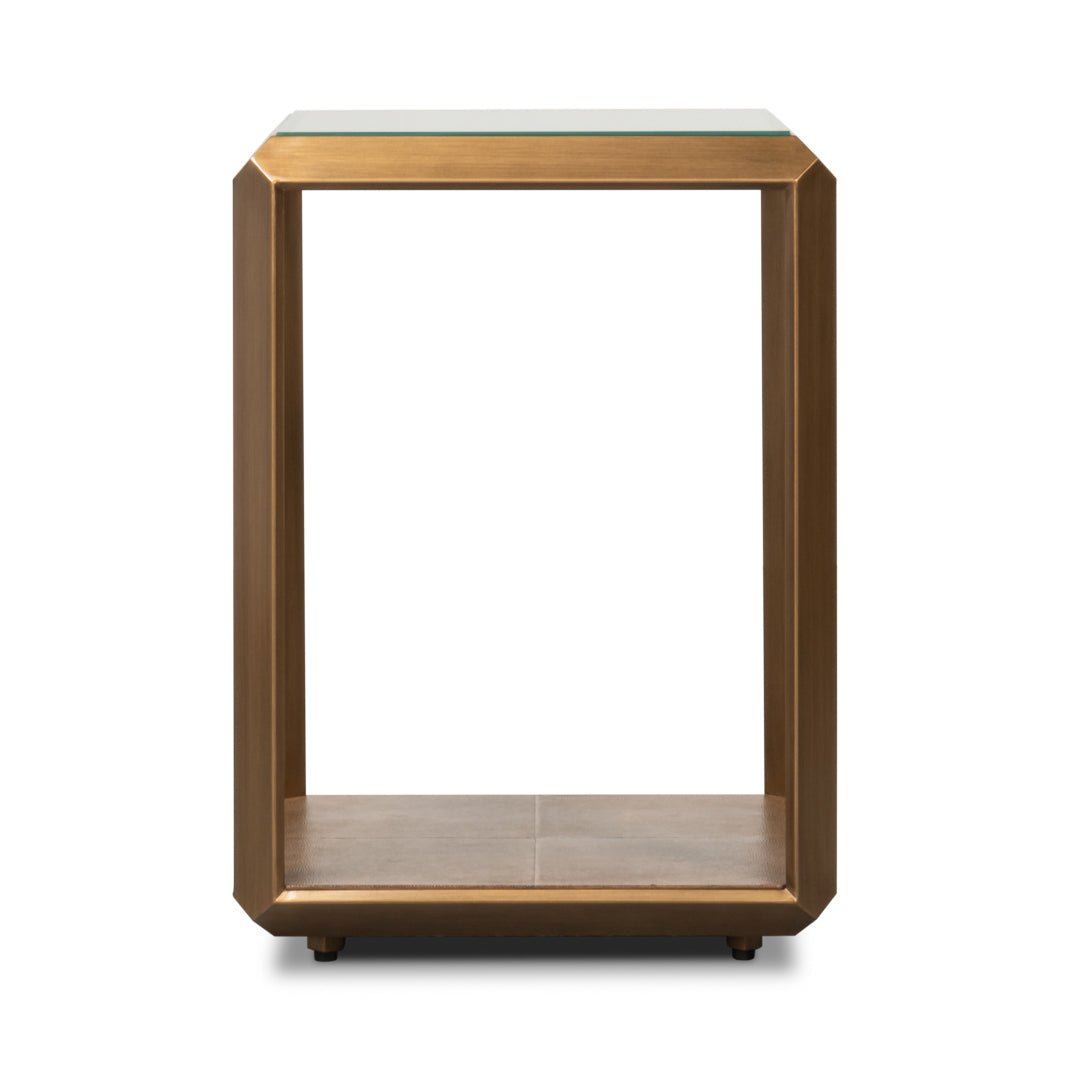 Straight front view of brass finish accent table.