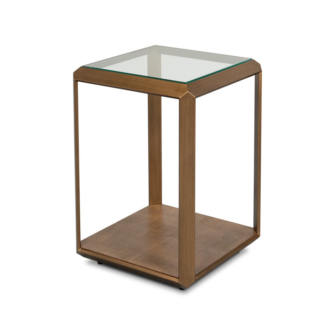Side view of glass-top accent table with brass frame.