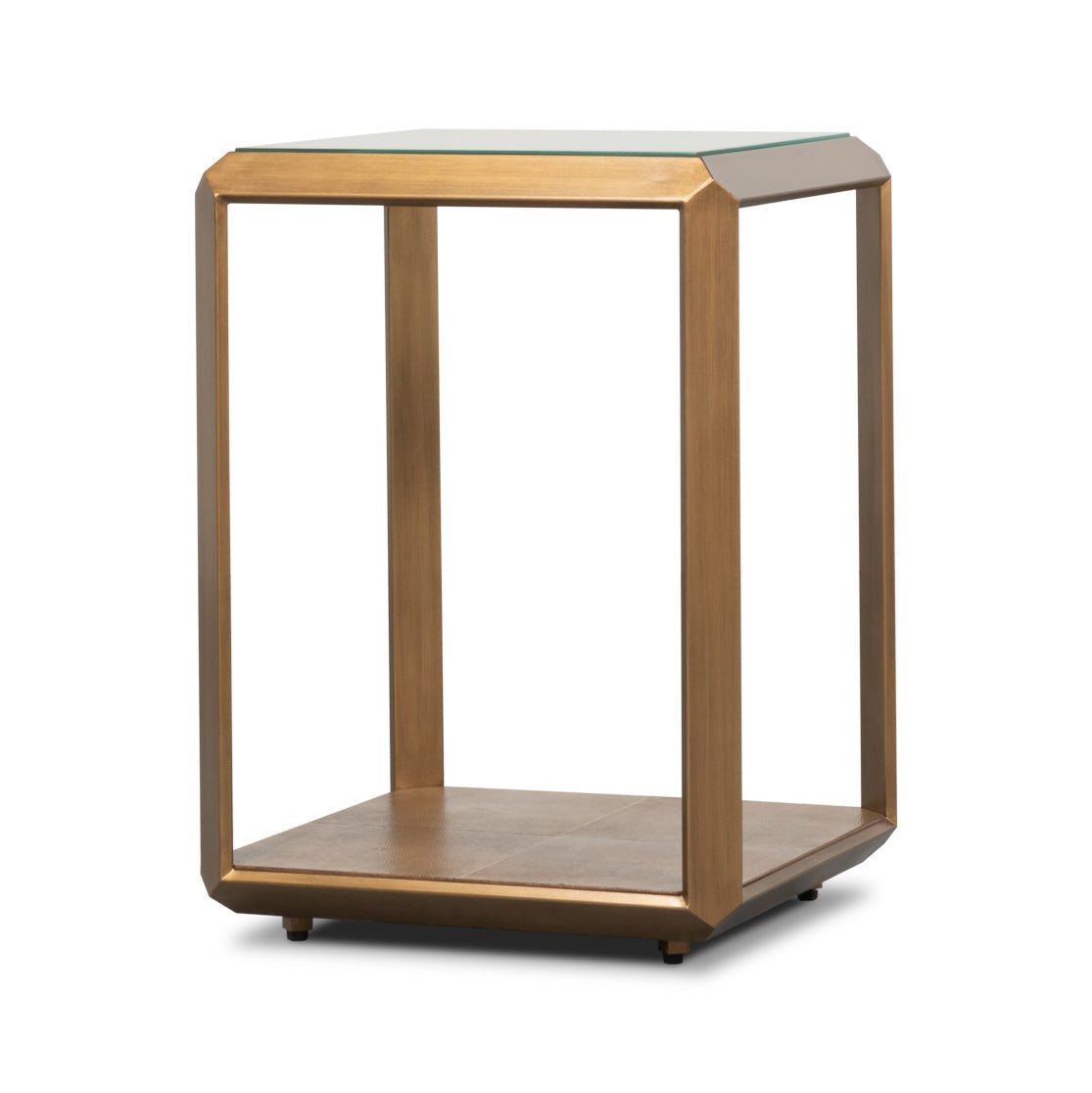 Angled side view modern brass finish accent table.