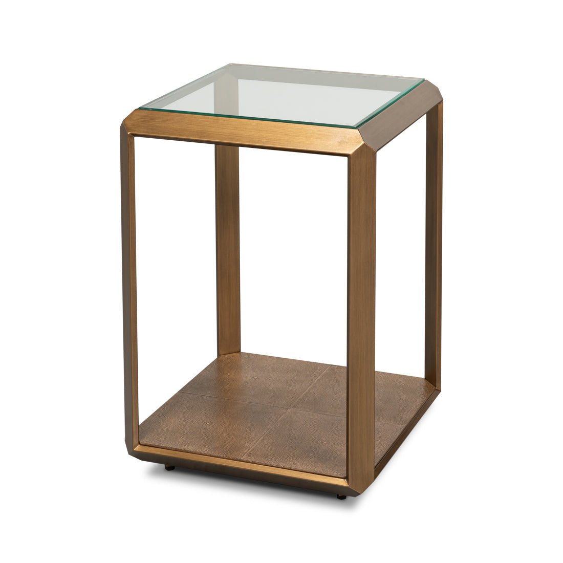Glass-top modern brass accent table angled view.
