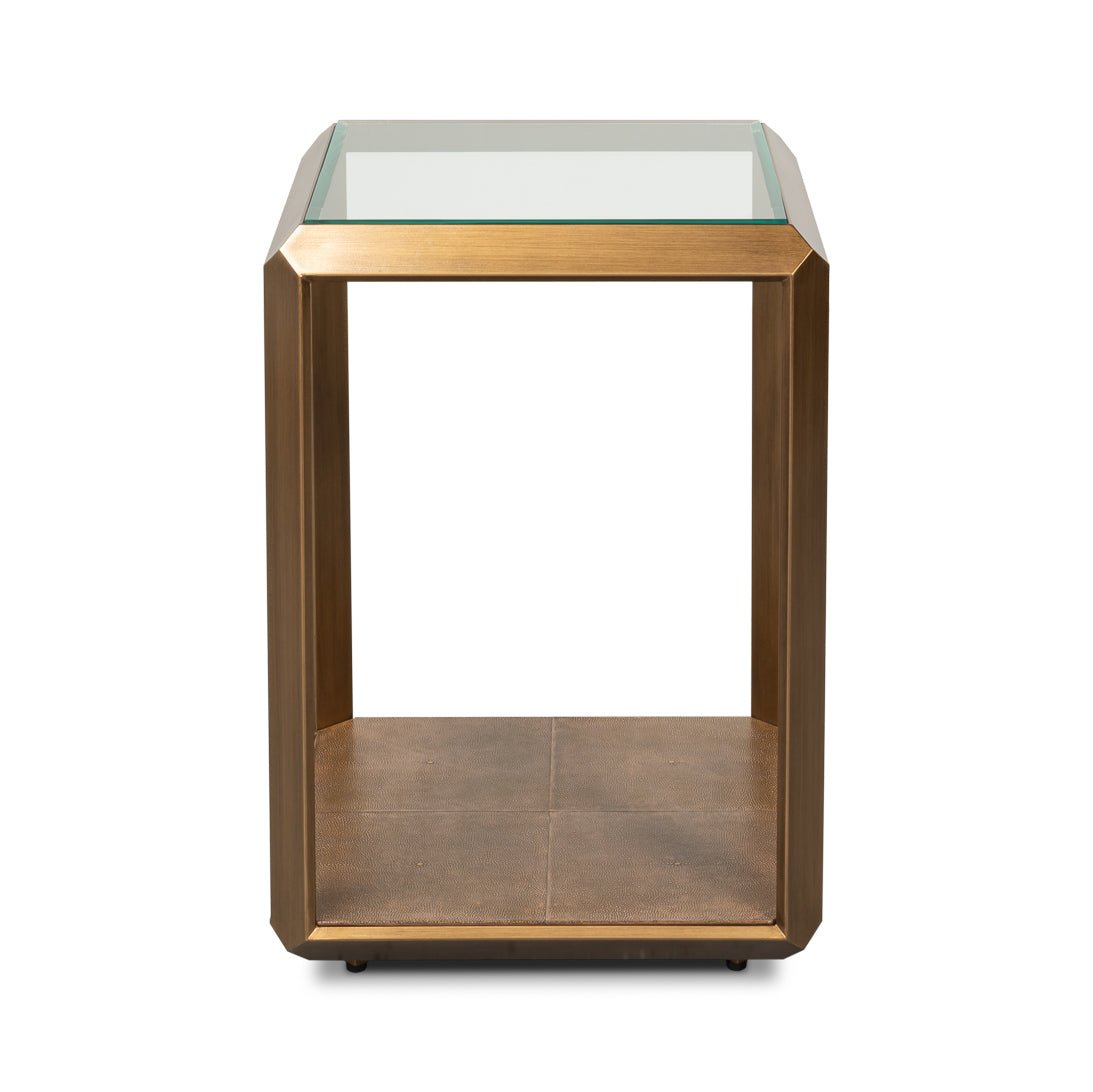 Front view of modern brass finish accent table.