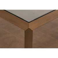 Corner detail of coffee table, brass frame join.