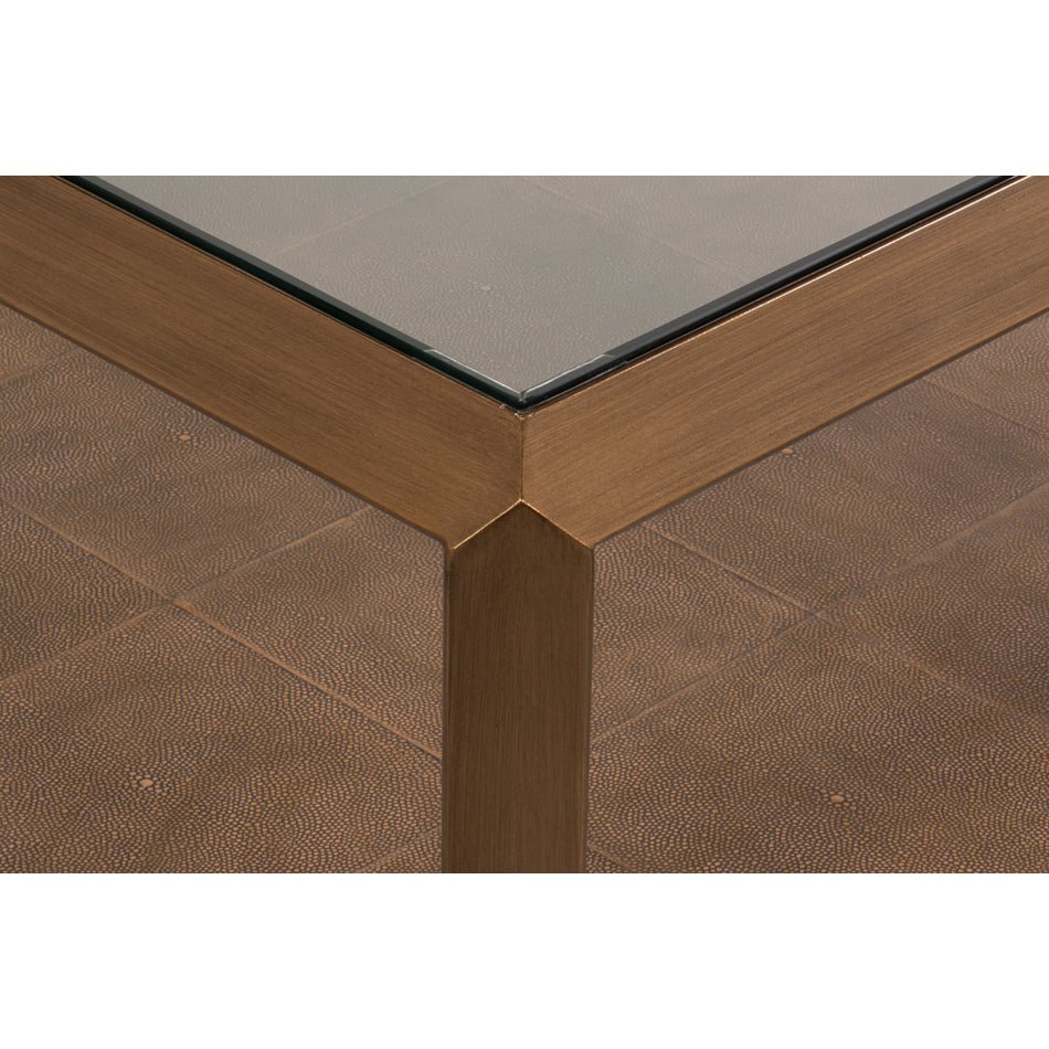 Corner detail of coffee table, brass frame join.