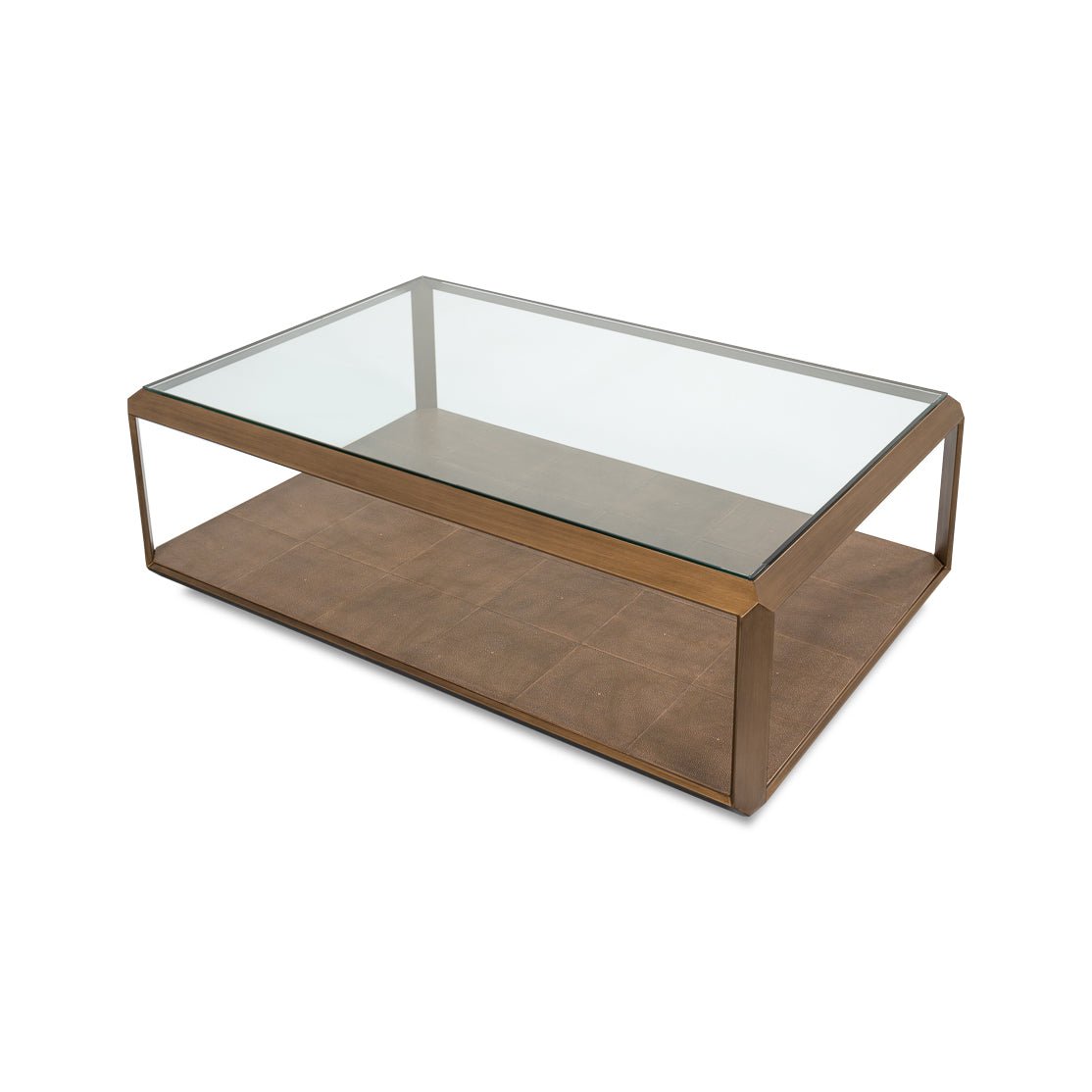 Angled top view, glass surface and brass finish.