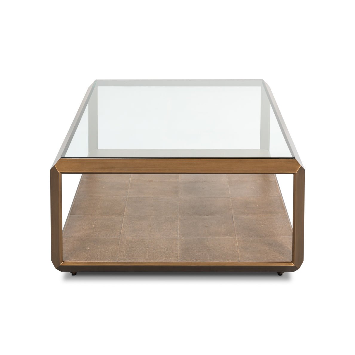 Side view of coffee table, glass and brass design.