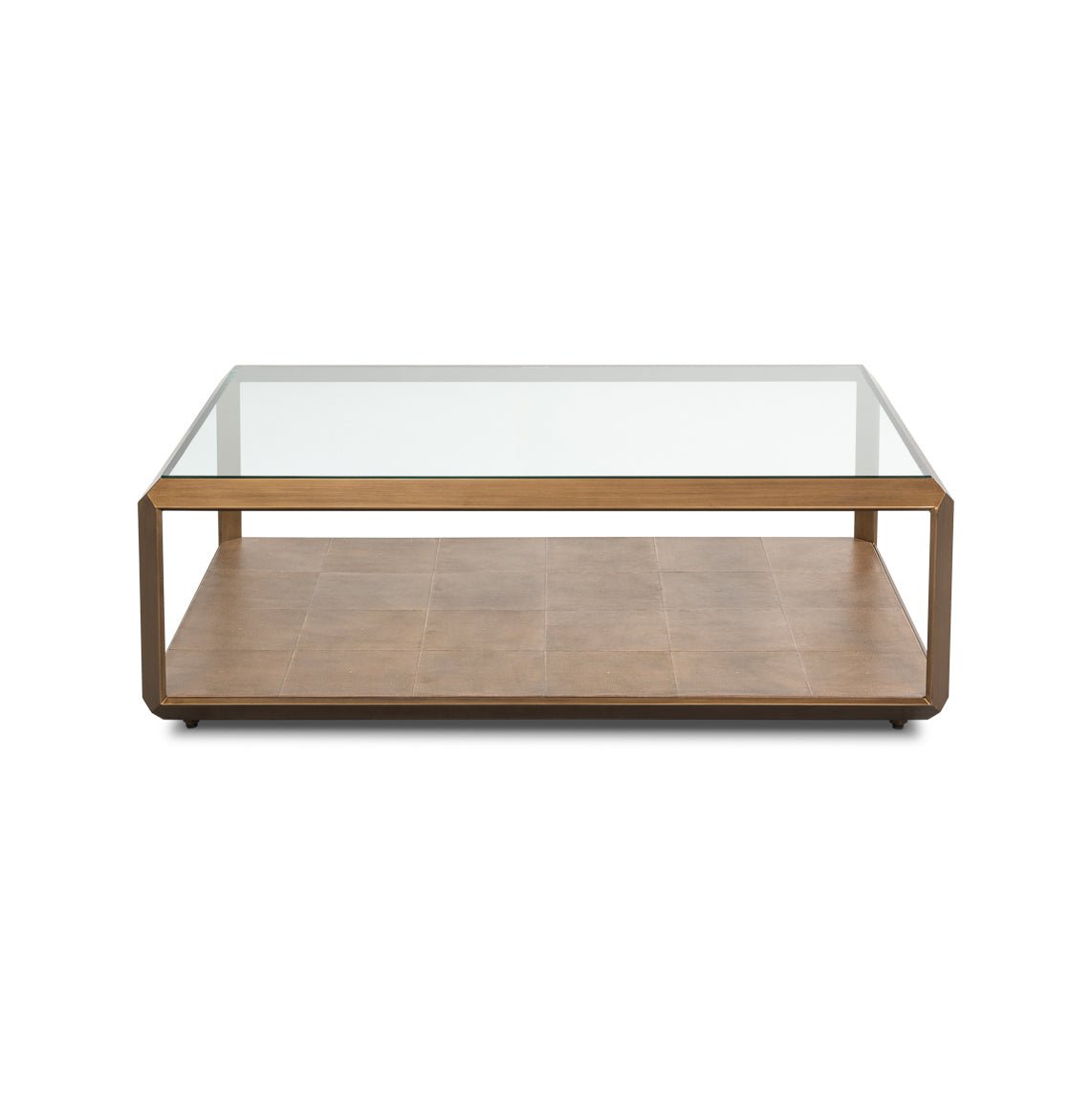 Front view of modern coffee table, brass frame.