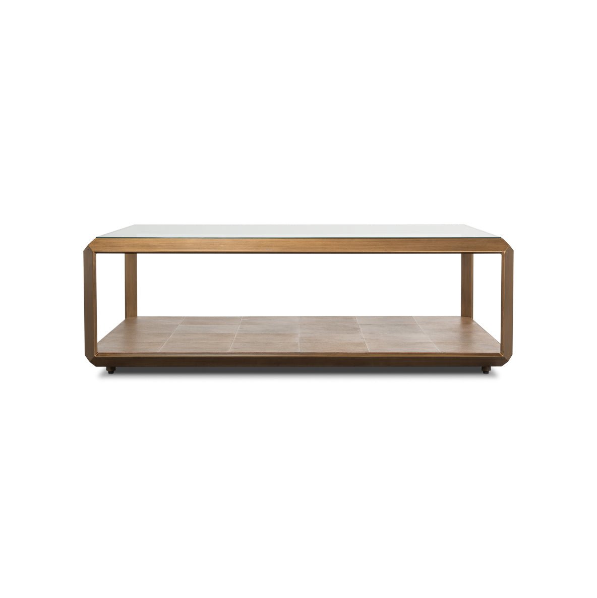 Long side view of coffee table, geometric design.