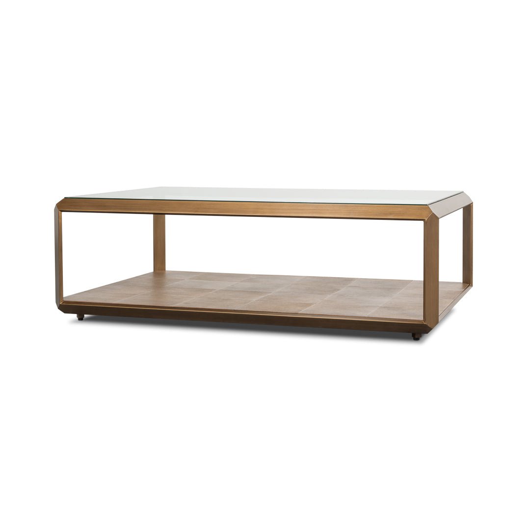 Angled view of coffee table, wooden lower shelf.