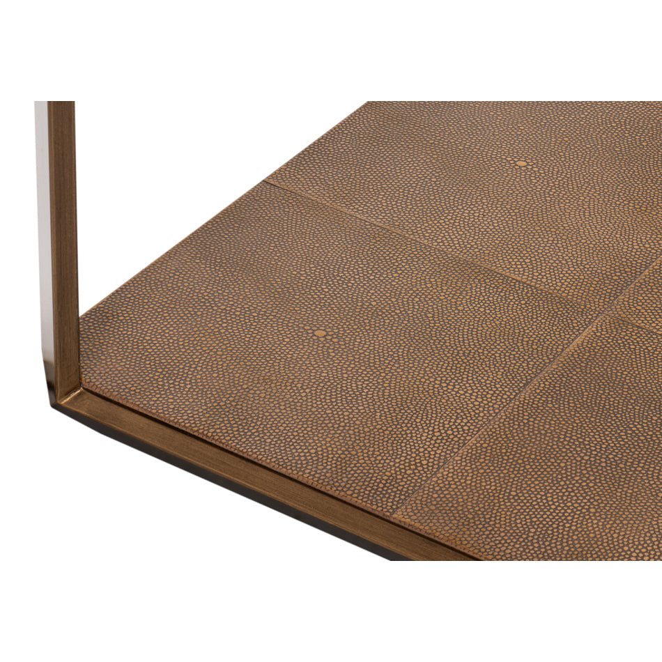 Close-up of coffee table textured wooden shelf.